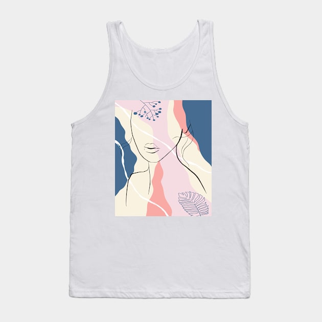 Abstract female face simple fashion female art minimal art beauty art woman floral abstract shapes woman portrait fashion print woman and plants in a modern trendy style Tank Top by Modern Art